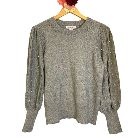Liz Claiborne sweater gray faux pearl detail balloon sleeve top size medium - Picture 1 of 6